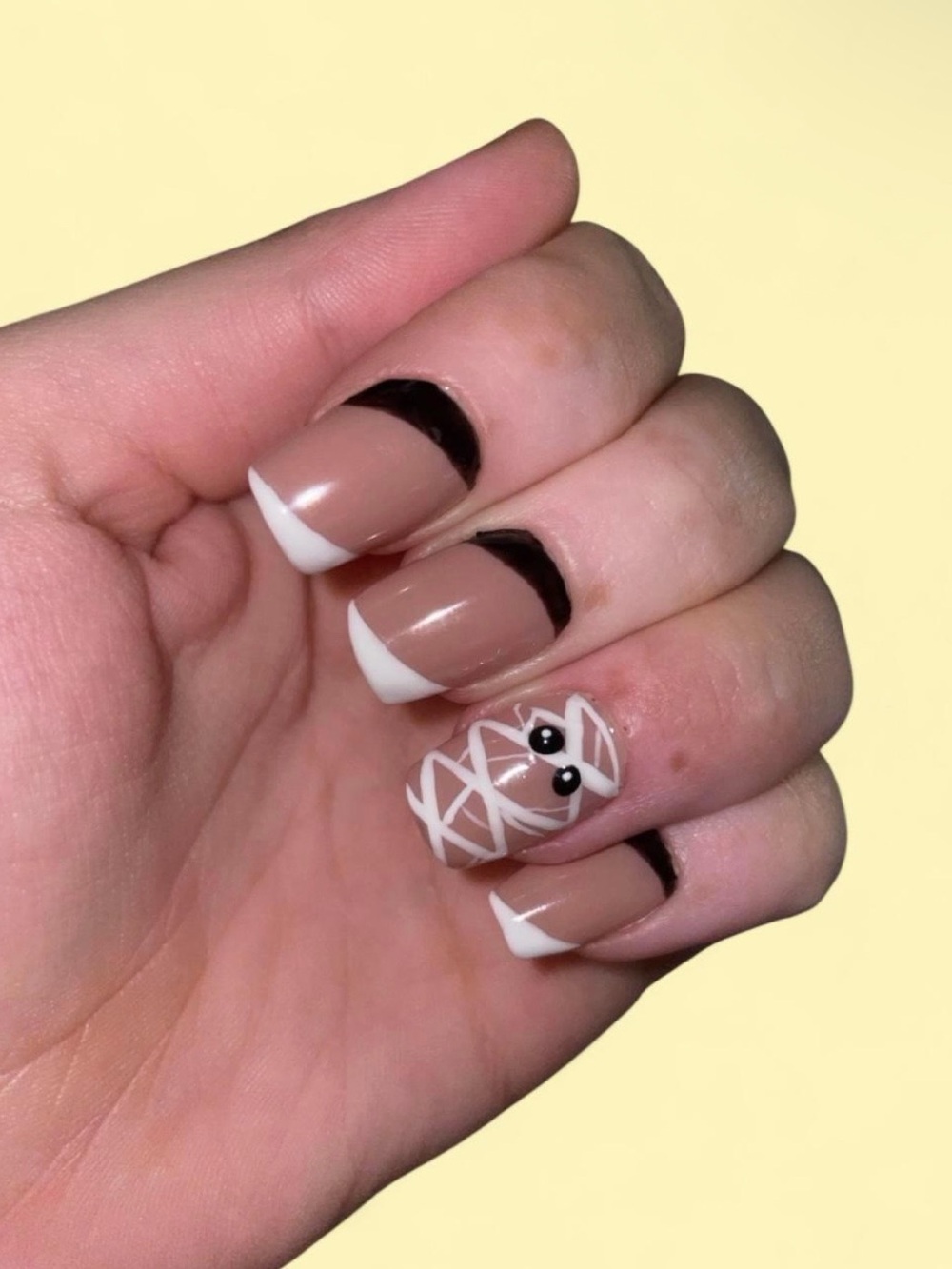Nude French Tip Nail Art Set with White Mummy Accent